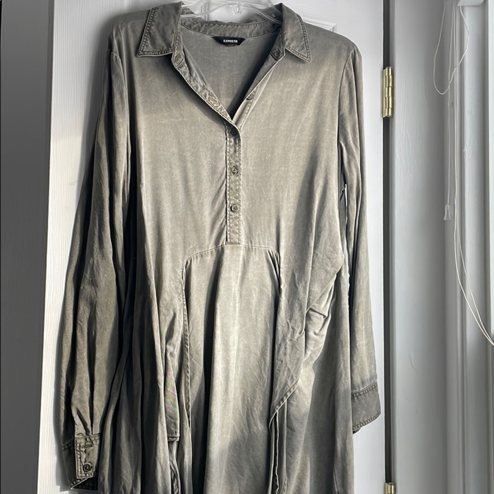 Express Button Front Tunic Dress | Green | Size L